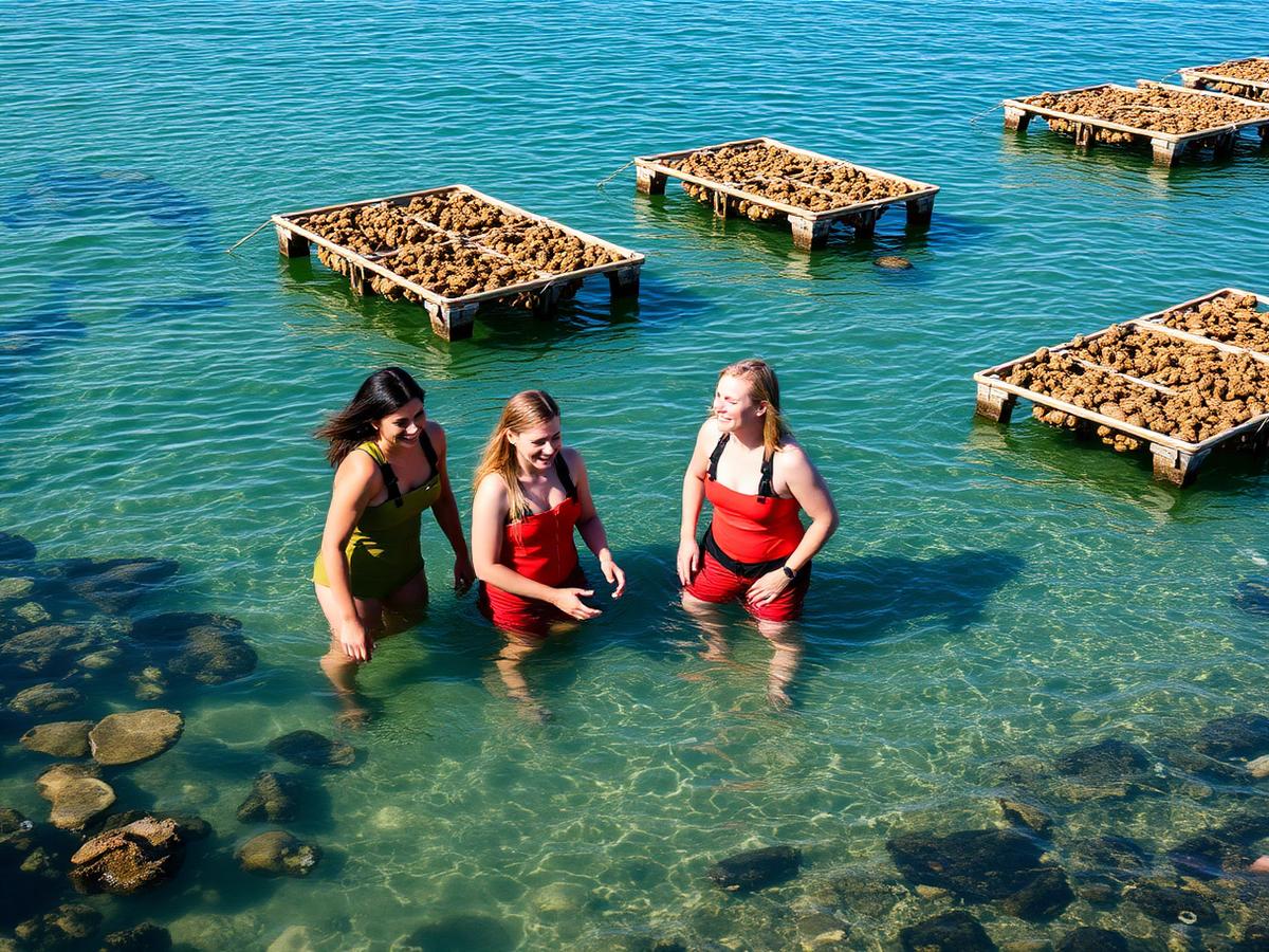 Guests wading beside oyster racks in shallow clear water at the marine farm
