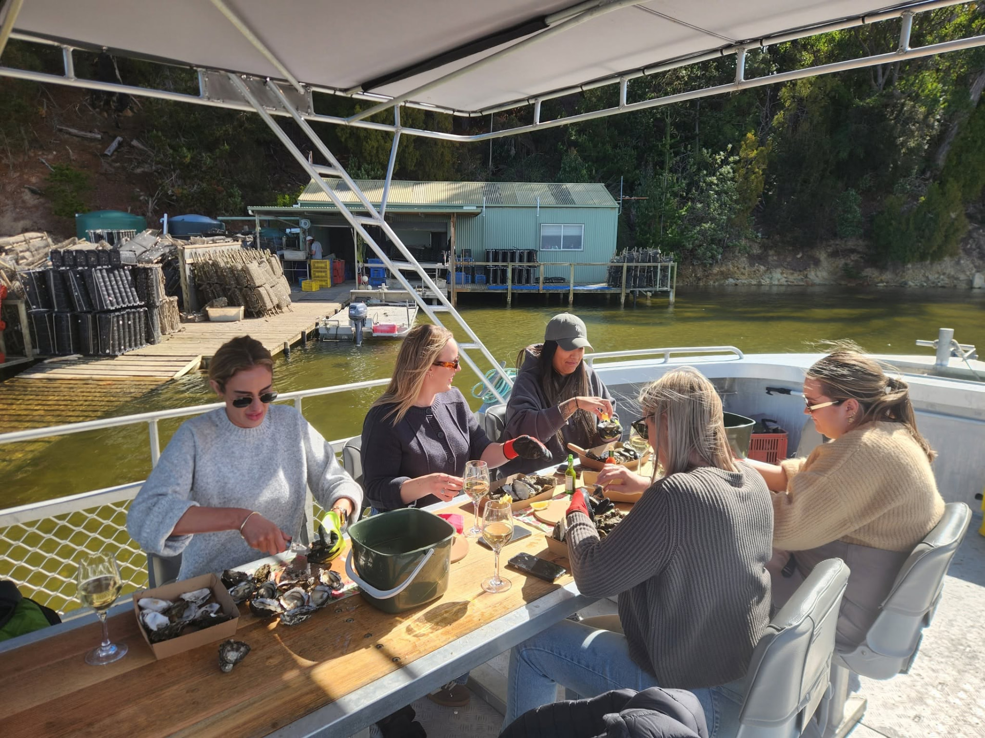 Freshly shucked oysters and a glass of white wine on a timber table aboard the boat